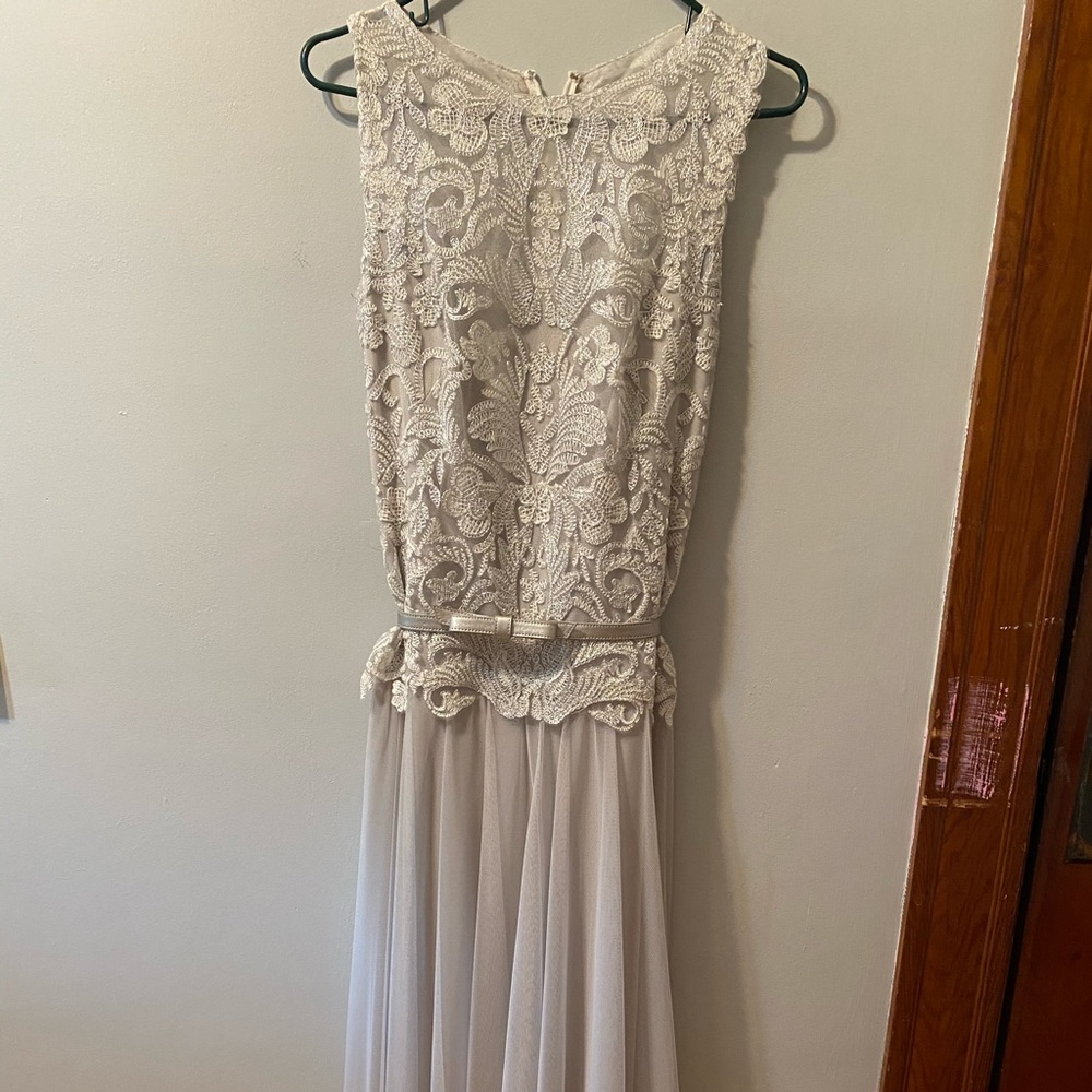 Floor length gray/silver Tadashi Shoji dress